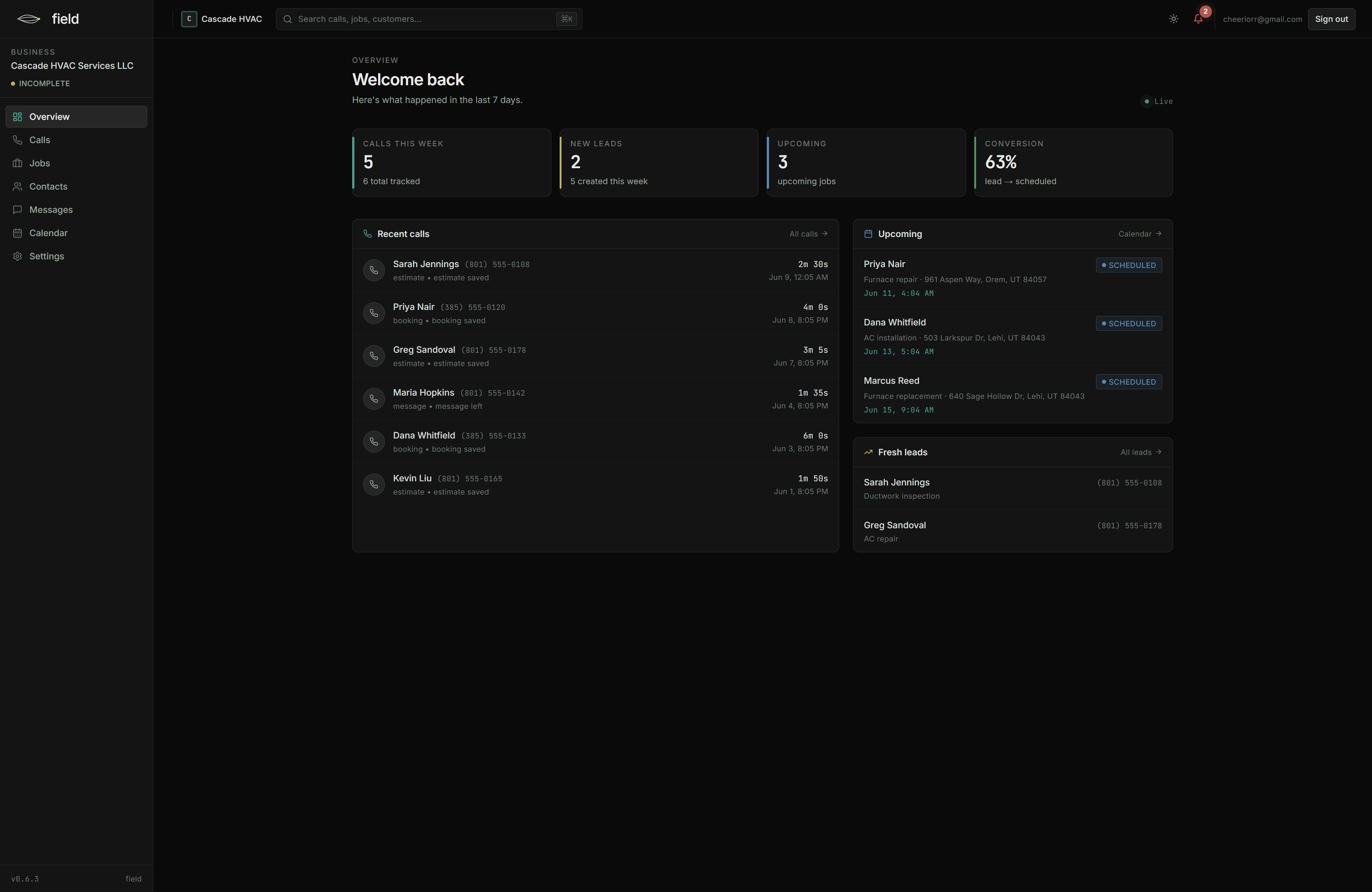 Field dashboard overview for the Cascade demo tenant: KPI cards and a recent-calls feed